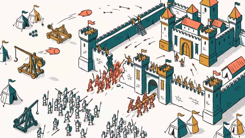 Medieval siege battle with catapults firing on stone castle walls