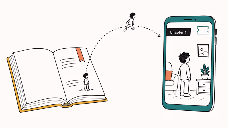 Hand-drawn open book with a character flowing into a phone chapter scene labeled Chapter 1