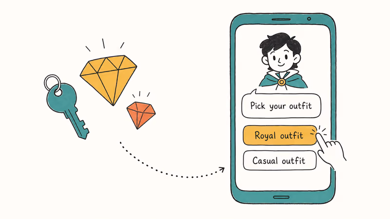 Hand-drawn phone showing tap dialogue with key and diamond currency icons