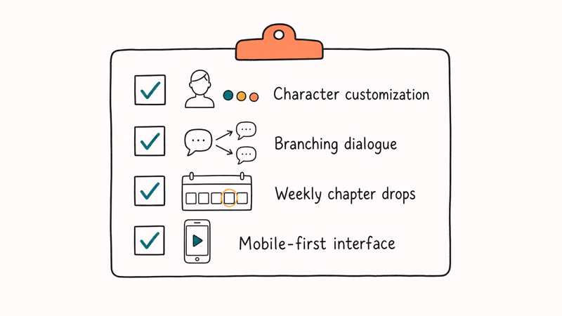 Hand-drawn clipboard listing four Episode alternative criteria with teal checkmarks and small icons