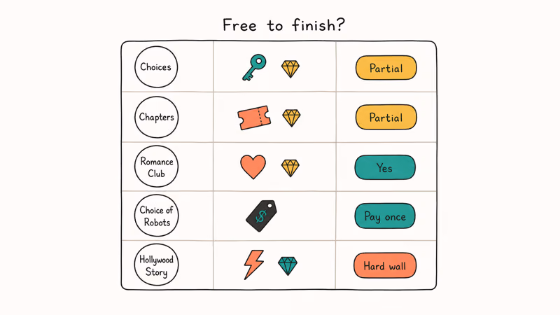 Comparison chart of five story apps with currency and free-to-finish status