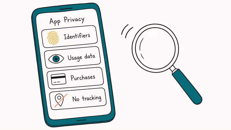 Hand-drawn phone showing four privacy permission cards with a magnifying glass hovering above them