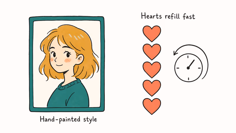 Hand-painted style character portrait beside a five heart meter with a fast refill clock arrow