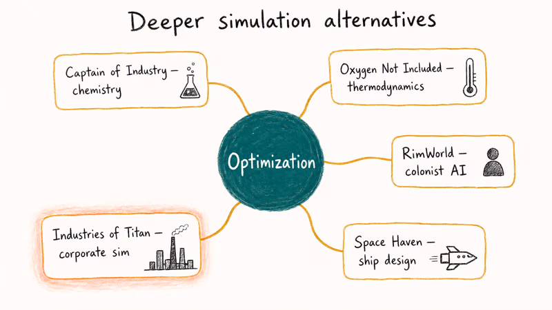 Cluster diagram mapping five deeper simulation games to chemistry physics colony ship and corporate systems.