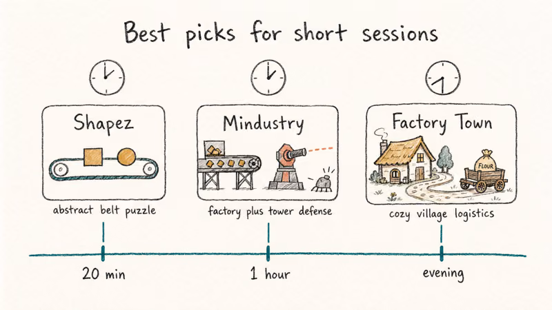Timeline with three cards showing Shapez Mindustry and Factory Town short session picks.