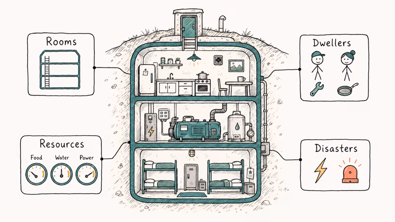 Hand-drawn cross-section of a vault showing rooms dwellers resources and disaster icons
