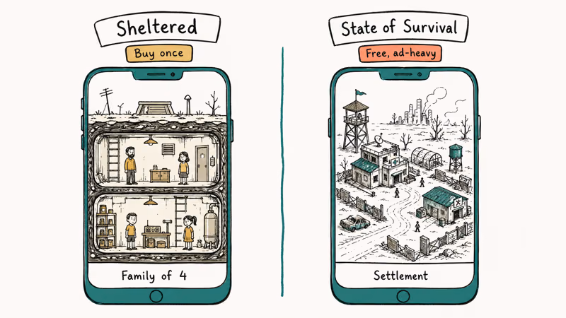 Two phones side by side comparing Sheltered bunker family with State of Survival settlement