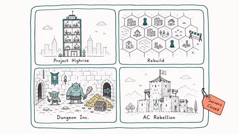 Four hand-drawn tiles showing skyscraper city block dungeon and a closed fortress