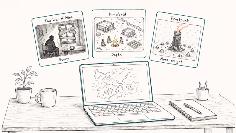 Laptop with three floating cards showing This War of Mine RimWorld and Frostpunk colonies