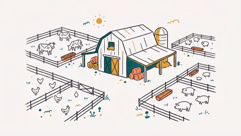 Farm animals including cows chickens and sheep in fenced pastures near barn