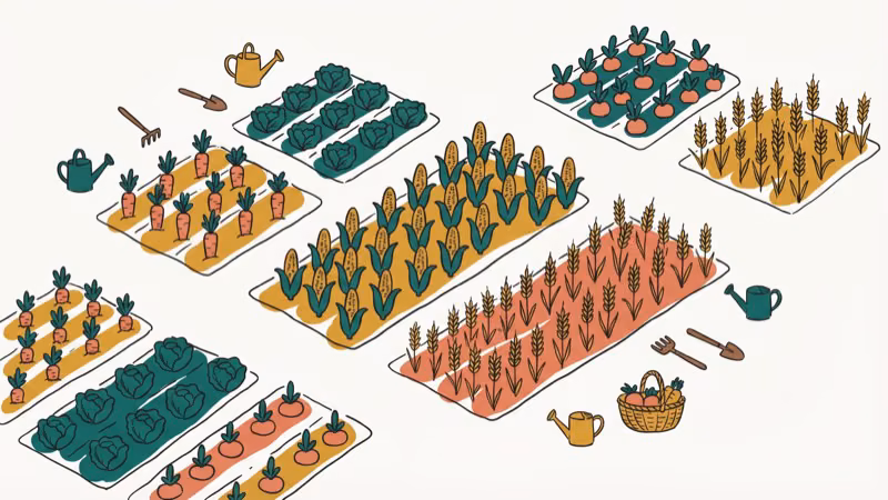 Colorful crop fields with vegetables growing in neat plots and garden tools