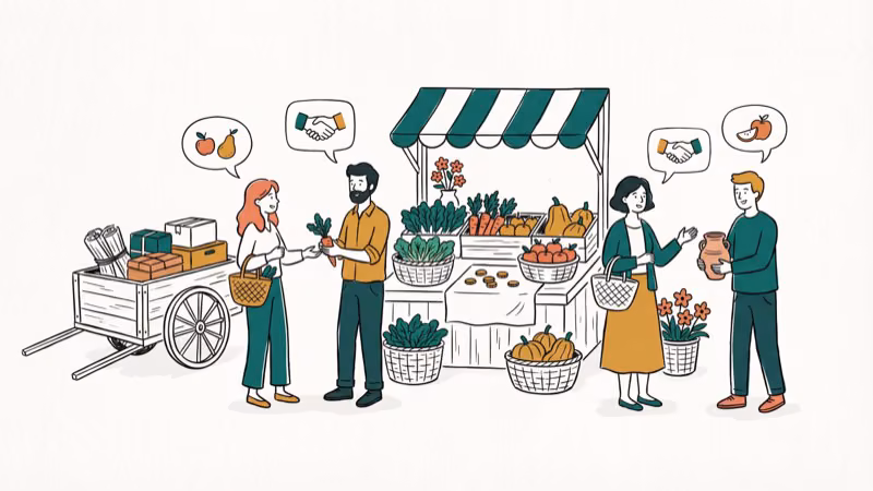 Farmers market stall with produce baskets coins and neighbors trading goods