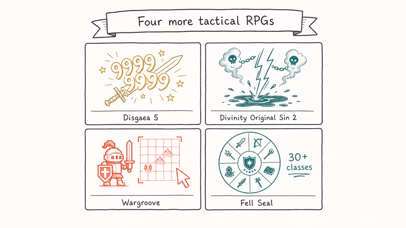 Hand drawn grid showing Disgaea Divinity Wargroove and Fell Seal as four bonus tactical RPGs