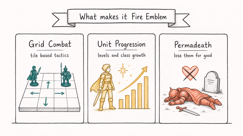Hand drawn infographic showing grid combat unit progression and permadeath as Fire Emblem core pillars