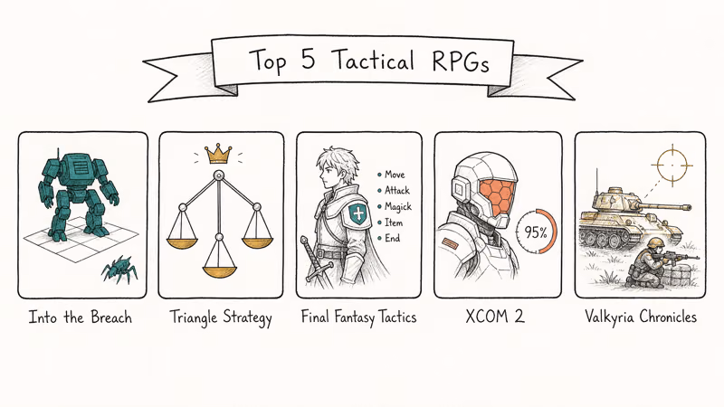 Hand drawn lineup of five tactical RPG picks Into Breach Triangle Strategy XCOM Valkyria FFT