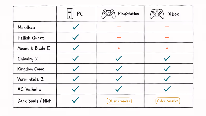 Platform grid mapping eight medieval combat games across PC PlayStation and Xbox.