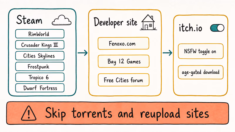 Map of Steam developer sites and itch.io age-gated channels for legitimate management sim downloads