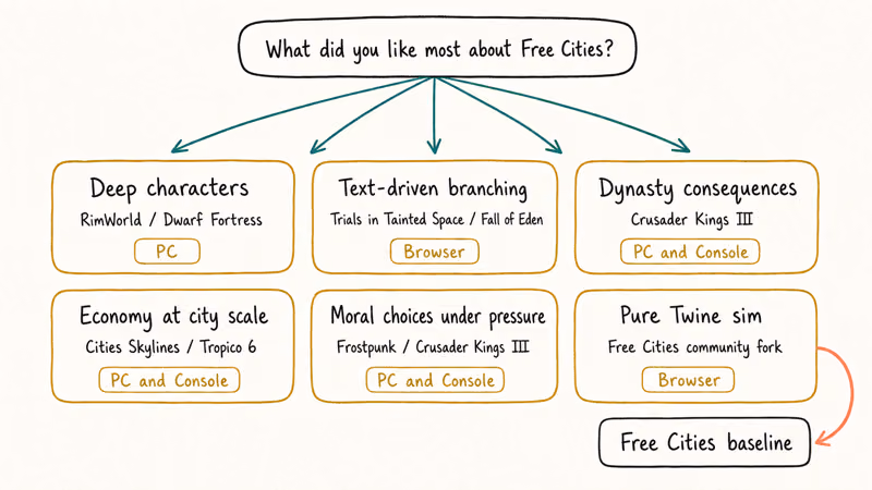 Flowchart routing reader preferences to RimWorld Crusader Kings Dwarf Fortress or Twine alternatives