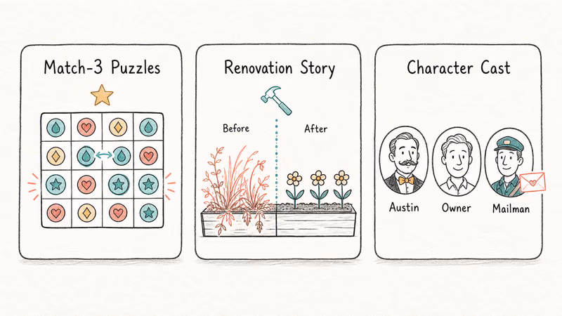 Three hand-drawn cards showing match-three puzzles, renovation story, and character cast pillars of Gardenscapes formula.