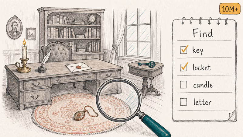 Magnifying glass scanning a cluttered Victorian study with a clue checklist beside it.