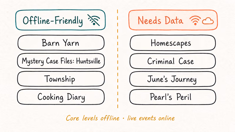 Two-column comparison listing offline-friendly mobile games versus titles that need data for live events.
