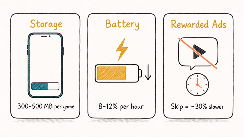 Three panels summarizing storage budget, battery drain, and rewarded ad impact for casual mobile games.