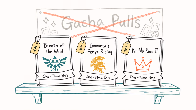 Shelf of three single-purchase open-world games with crossed-out gacha pull banner.