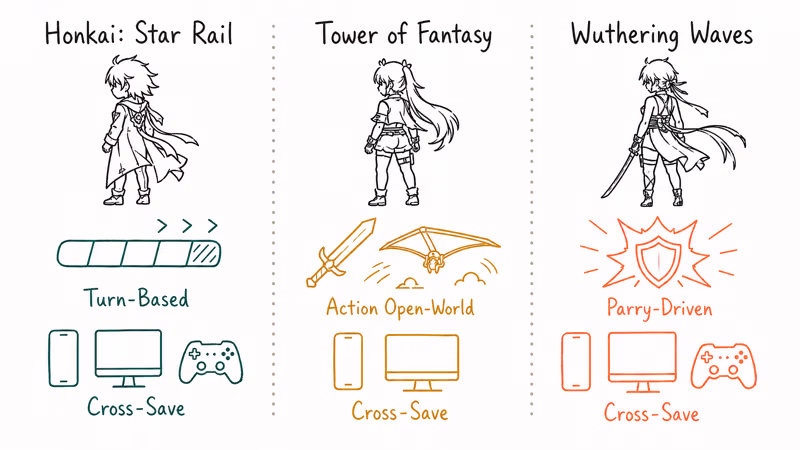 Comparison panel of Honkai Star Rail, Tower of Fantasy, and Wuthering Waves combat and platforms.