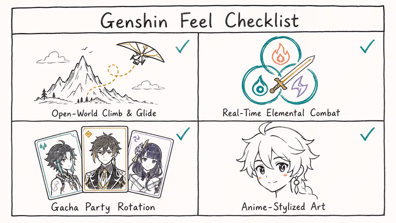 Hand-drawn checklist of four traits that make games feel like Genshin Impact.