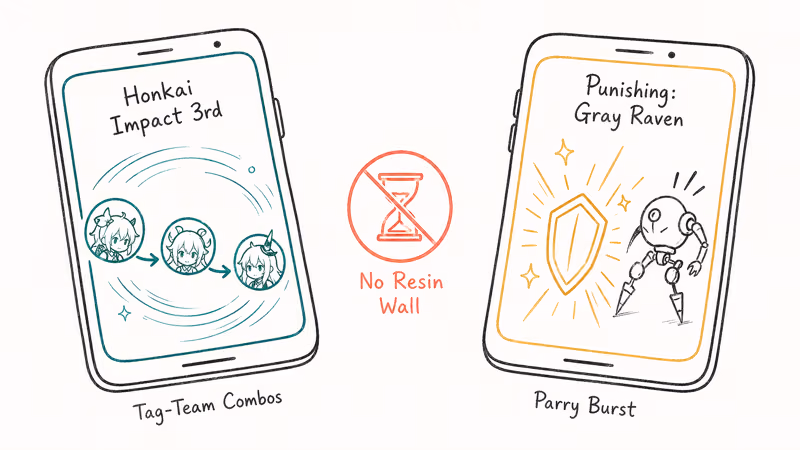 Two phones showing Honkai Impact 3rd combo chain and Punishing Gray Raven parry burst.