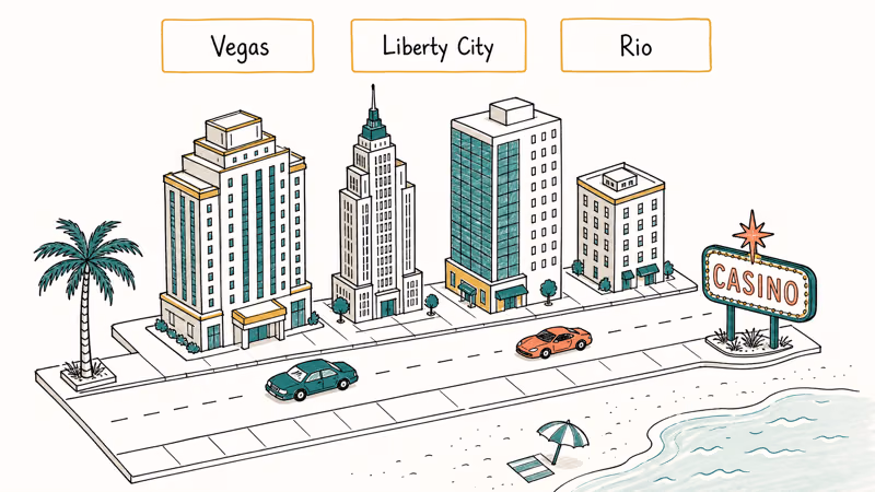 Isometric city skyline with cars and cards naming Vegas Liberty City and Rio