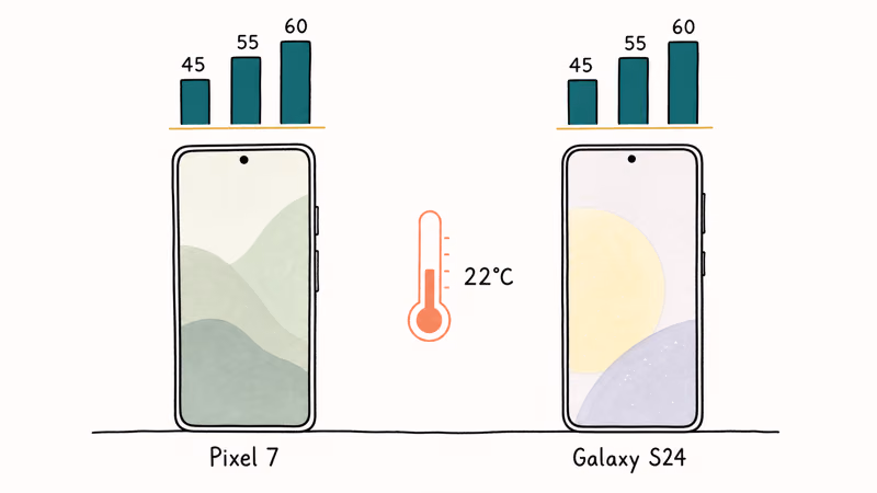 Pixel 7 and Galaxy S24 phones with frame rate bars and thermometer