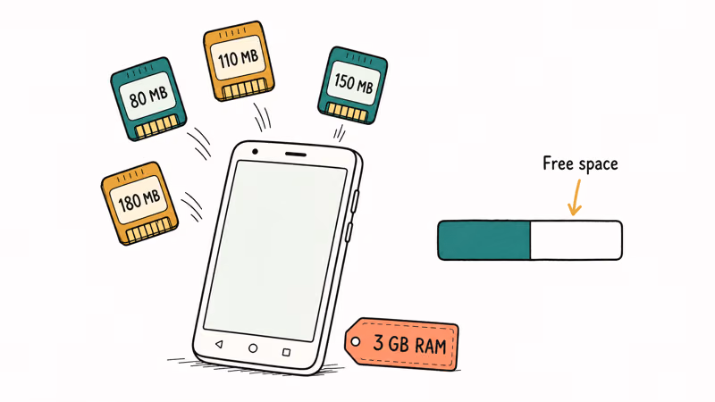 Budget phone with game icons megabyte labels and a teal storage bar