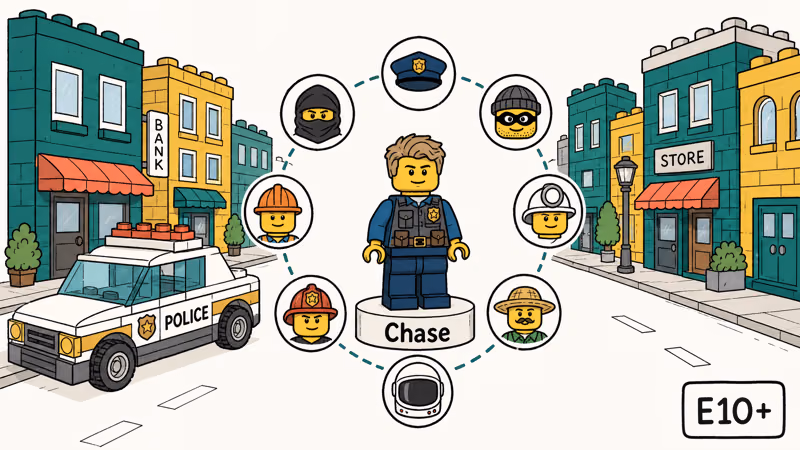 LEGO city street with Chase McCain disguise icons police car and rating badge