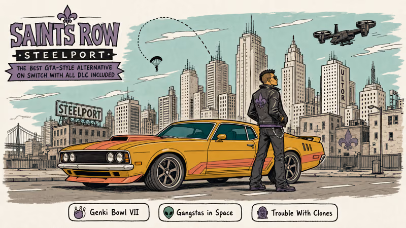 Steelport skyline with custom character muscle car parachute and DLC tags
