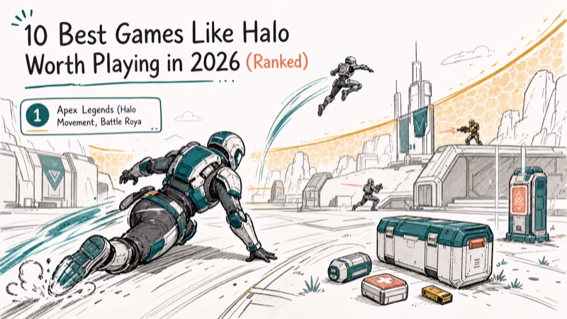 Hand-drawn illustration: Apex Legends (Halo Movement, Battle Royale Format)