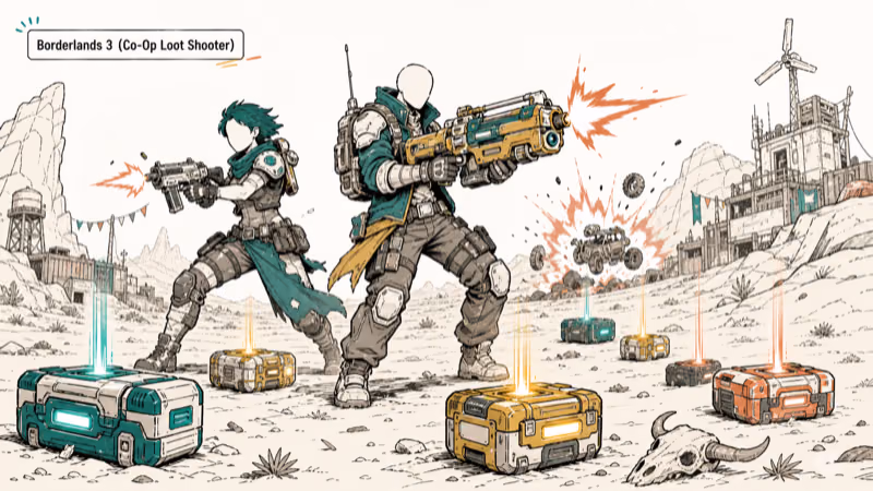 Hand-drawn illustration: Borderlands 3 (Co-Op Loot Shooter)