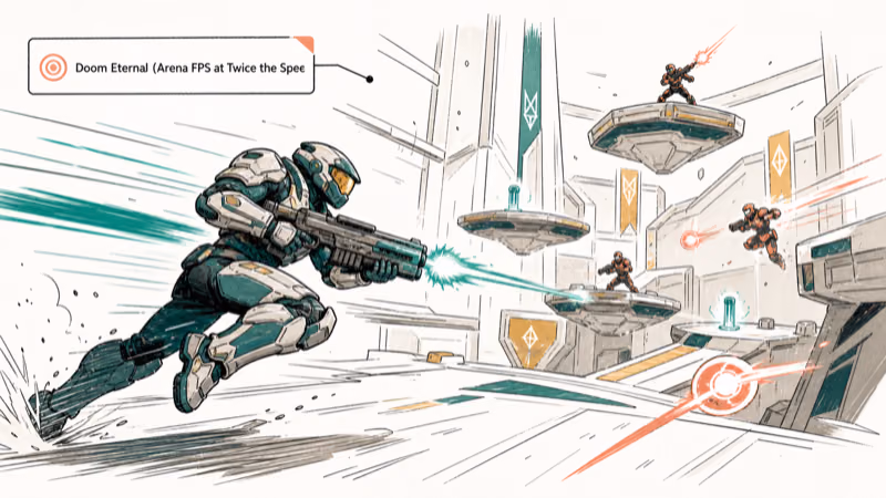 Hand-drawn illustration: Doom Eternal (Arena FPS at Twice the Speed)