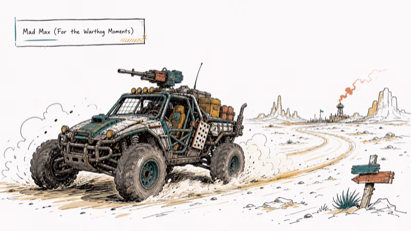 Hand-drawn illustration: Mad Max (For the Warthog Moments)