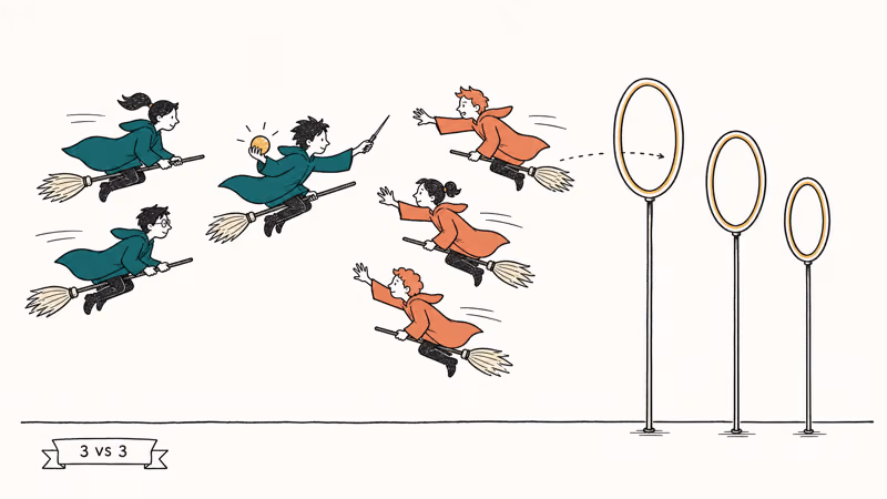 Hand-drawn broom arena match with three teal and three coral riders aiming for ring goals