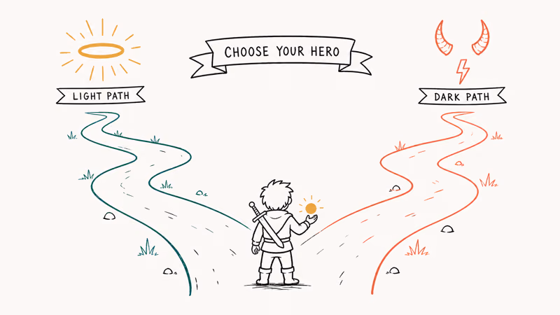Hero at forking path with halo horns and moral choice markers