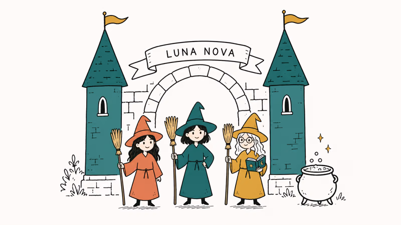 Hand-drawn Luna Nova academy gate with three witch students and small bubbling cauldron beside it