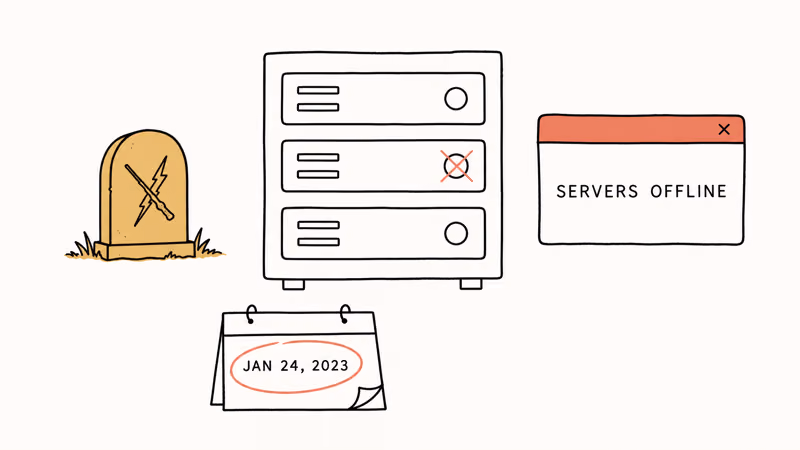 Hand-drawn server rack with offline indicator calendar mark and small wand gravestone