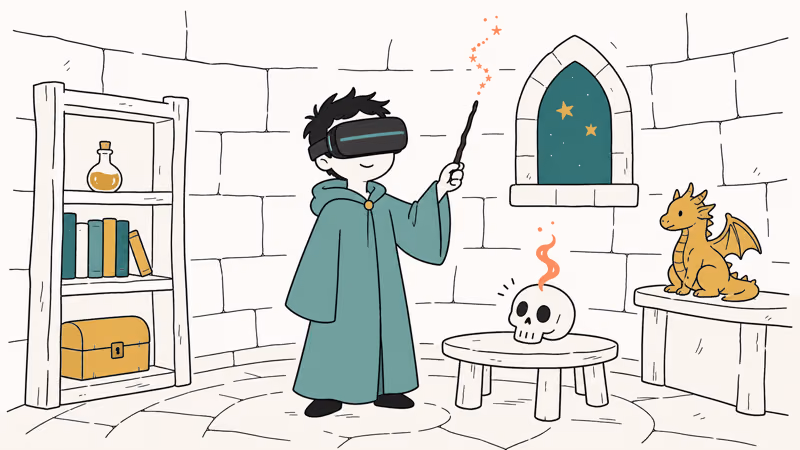 Hand-drawn figure wearing VR headset casting wand spell inside small wizard tower with potion bottle