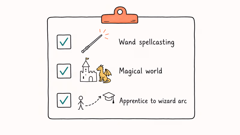 Hand-drawn clipboard checklist with wand magical world and apprentice arc icons in teal