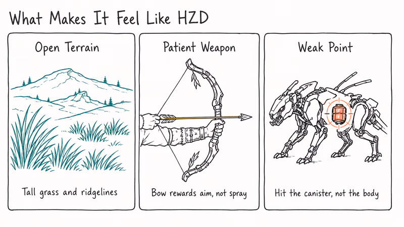 Three columns illustrating open terrain patient bow weapon and weak point targeting mechanics