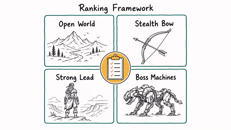 Hand-drawn framework showing four ranking criteria for Horizon Zero Dawn-like games comparison