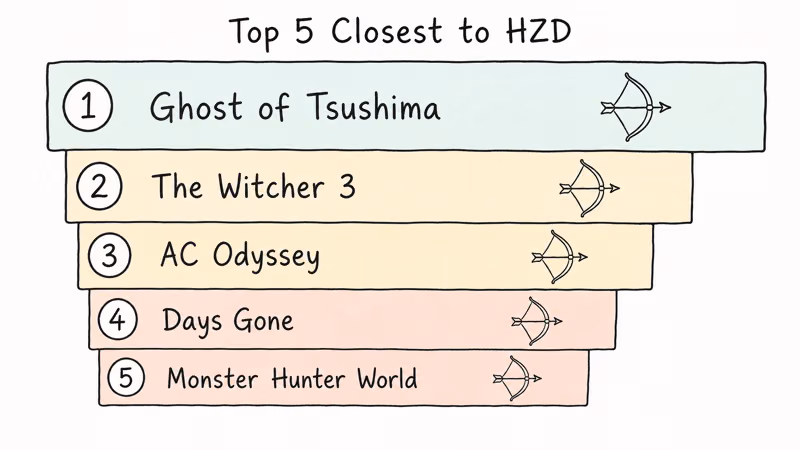 Ranked ladder of the top five Horizon Zero Dawn alternatives with bow icons