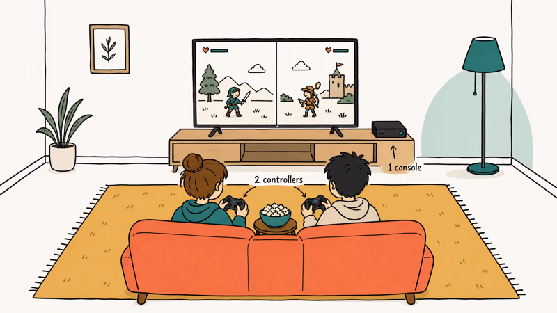 Living room with two players on couch holding controllers facing a TV with one console