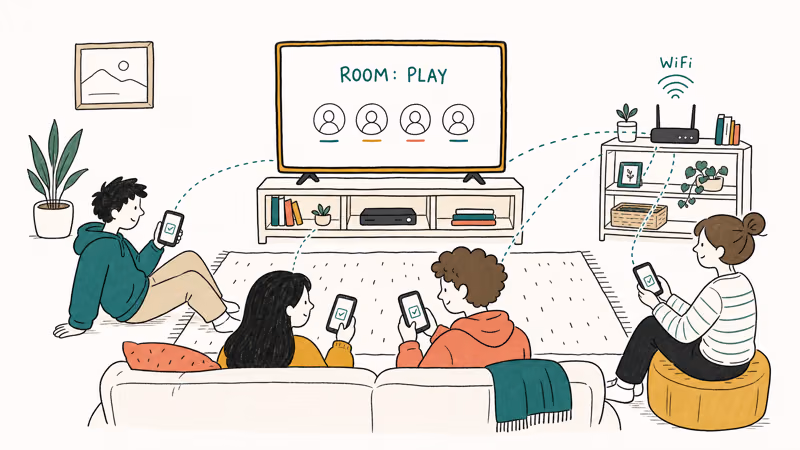 Friends join a TV party game room code using phones from couch